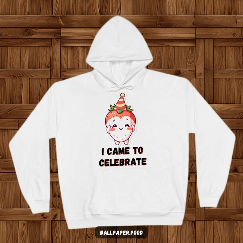 Funny Curious Strawberry Hoodie, a sweet character adorably adjusting a small party hat, signaling celebration.