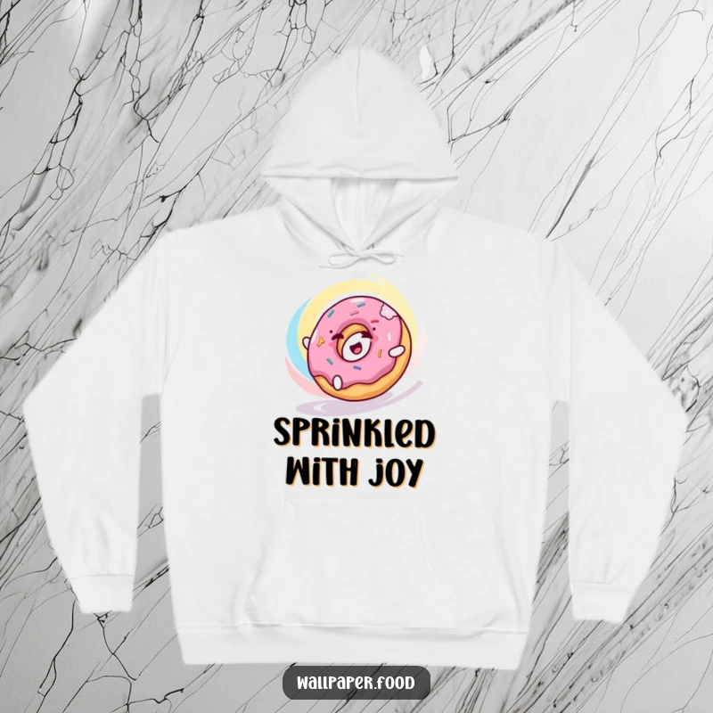 Funny donut hoodie featuring a happy donut character rolling with delight through a mesmerizing colorful swirl, radiating comfort.