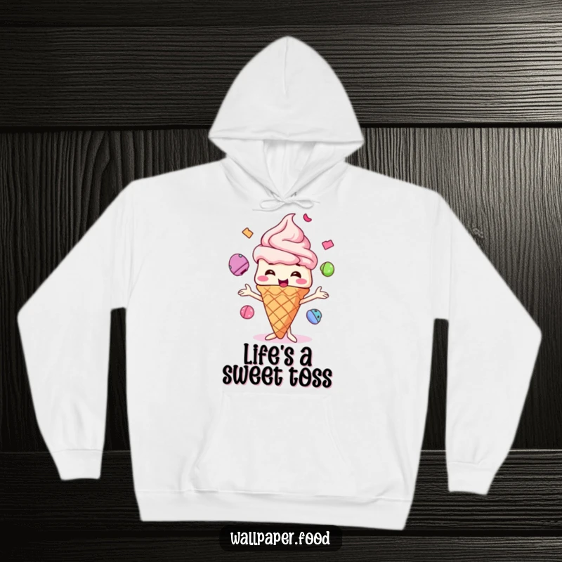 Funny Ice Cream Cone Hoodie, a cheerful character masterfully juggling brightly colored scoops, symbolizing pure, sweet happiness.