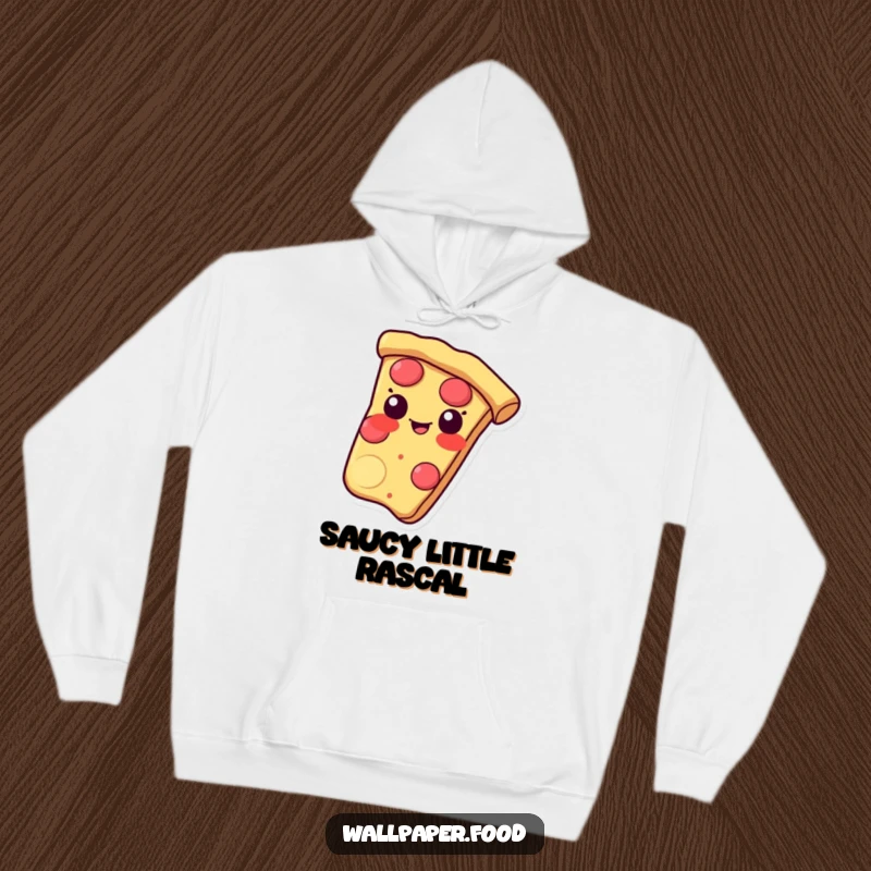 Funny hoodie with a pizza slice sliding with a mischievous grin on its crust, perfect for cozy, fun vibes.