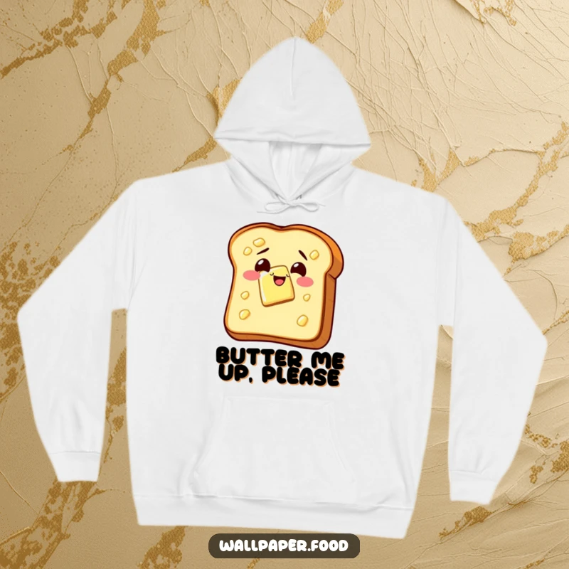 Funny hoodie featuring a slice of buttered toast wiggling with joy, providing cozy comfort and a humorous breakfast theme.