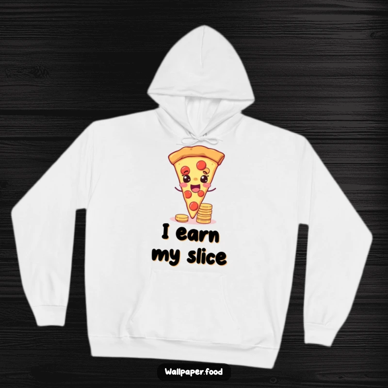Funny hoodie featuring a joyful pizza slice with eyes winking while balancing coins, offering warmth and lucky vibes.