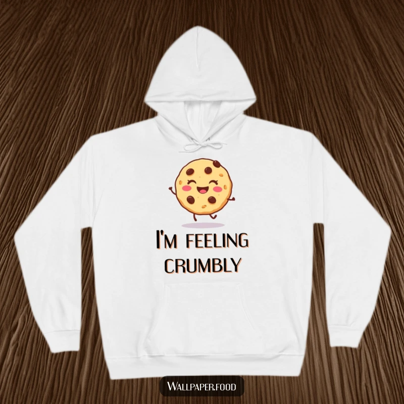 Funny cookie hoodie featuring a smiling character with chocolate chips doing a joyful hop, perfect for cozy, happy comfort.