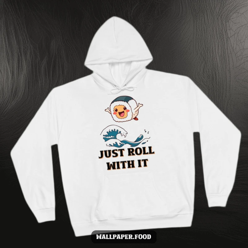 Funny sushi hoodie featuring a cheerful sushi roll character leaping energetically over stylized wave patterns, a symbol of oceanic joy.