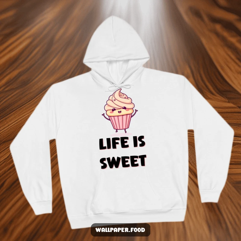 Funny cupcake hoodie featuring a cute character with frosting doing a whimsical spin, perfect for cozy, sweet comfort.