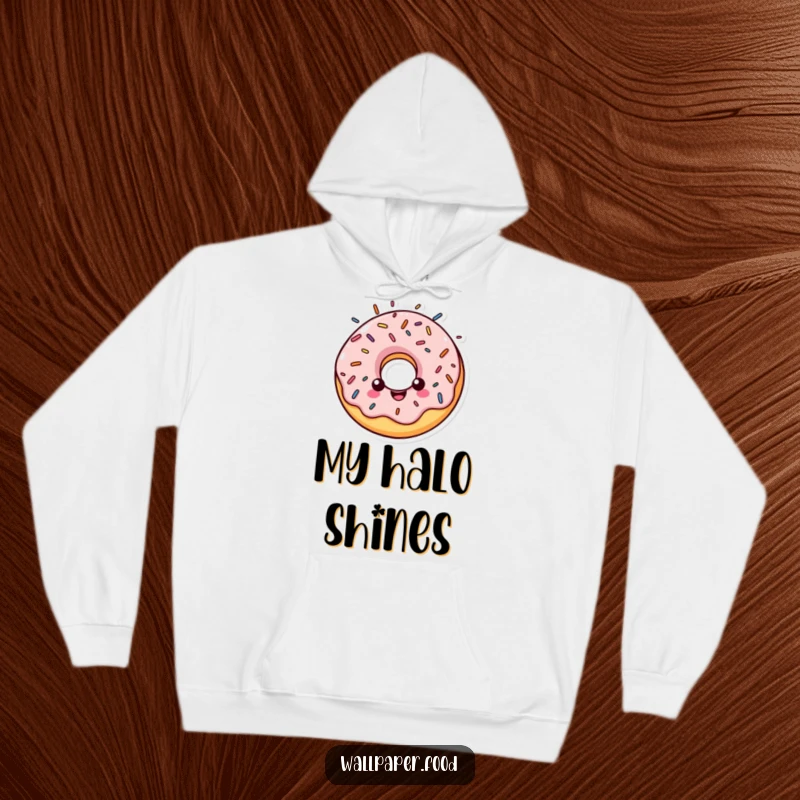 Funny hoodie depicting a cheerful donut character adorned with a beautiful halo made of colorful sprinkles.