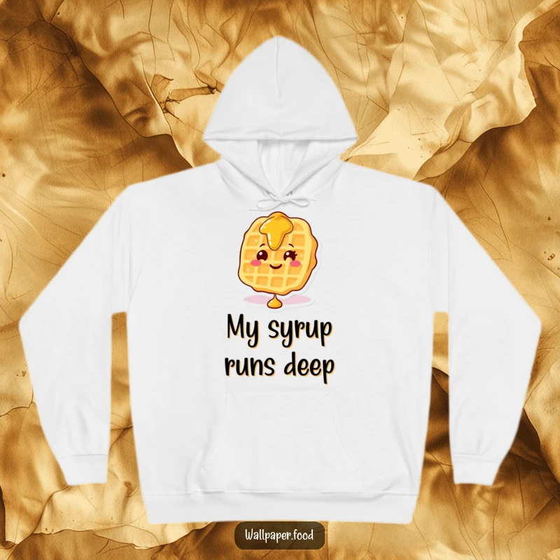 Funny hoodie illustrated with a smiling waffle character with a delightful stream of syrup flowing down, embodying breakfast joy.