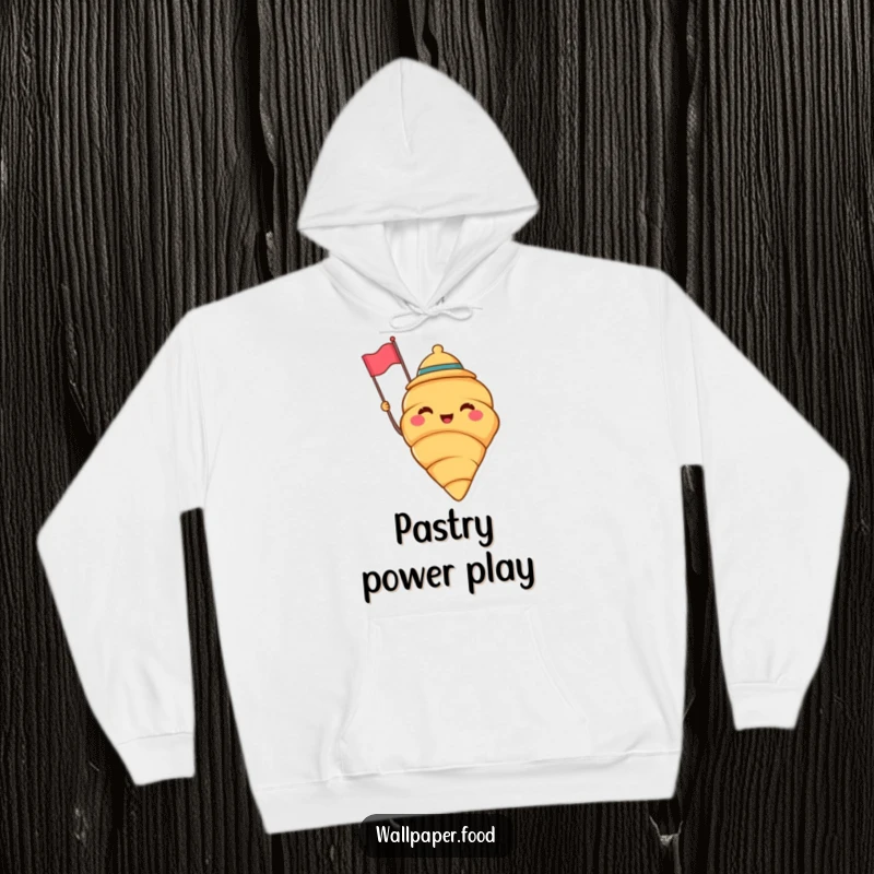 Funny hoodie with a cheerful croissant wearing a jaunty hat and waving a tiny flag, providing warmth and a dose of baking humor. Funny gift.
