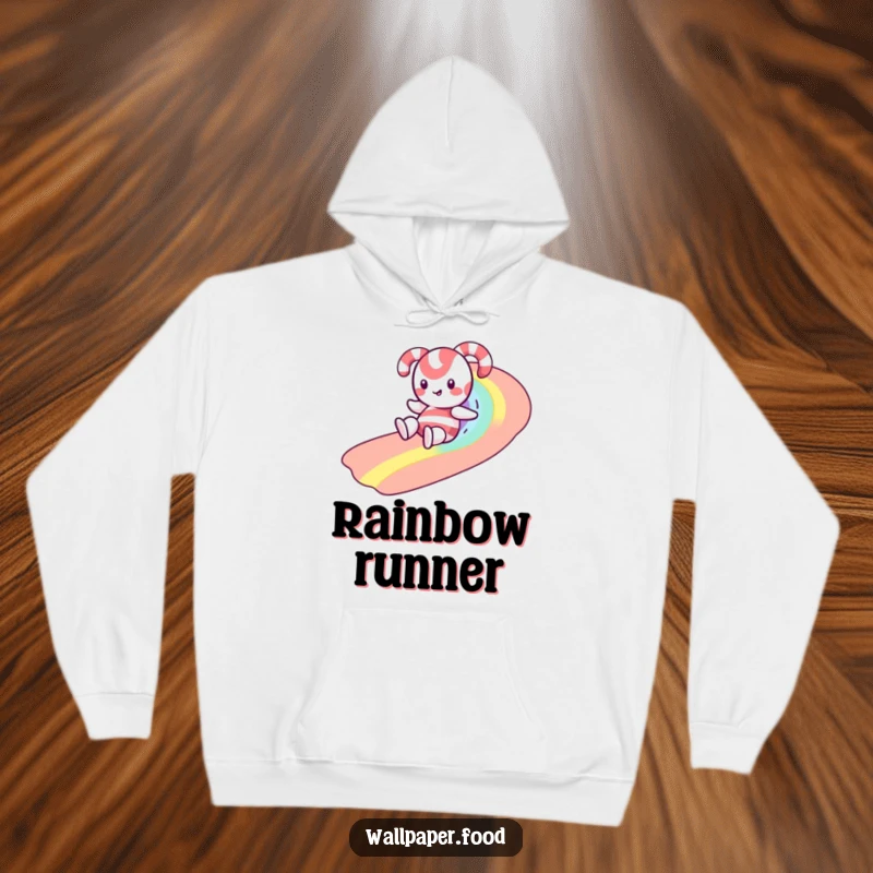 Funny hoodie with a cheerful candy cane character enjoying a slide down a vibrant, sprinkled rainbow, evoking pure joy.
