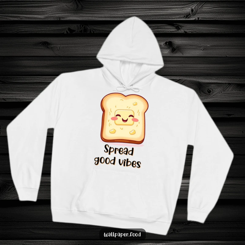 Cozy funny toast and butter hoodie, wiggling with glee, perfect for staying warm with breakfast humor. Ideal funny gift.