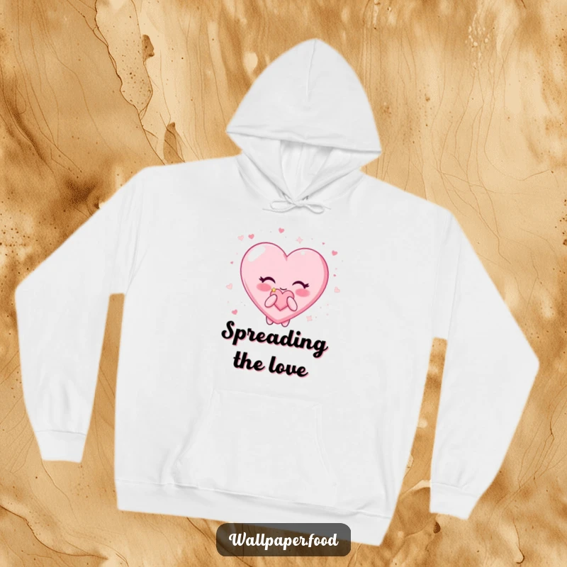 Funny Candy Heart Hoodie: Happy character happily blowing surrounded by glitter, cozy and humorous apparel.