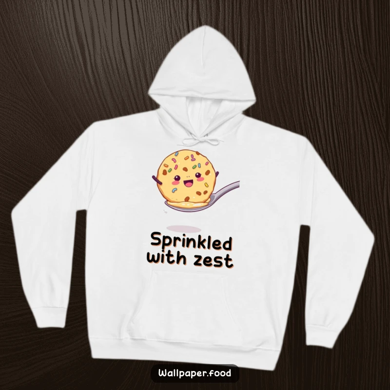 Funny hoodie with a cookie with sprinkles enthusiastically jumping from a spoon, providing warmth and a dose of baking humor. Funny gift.