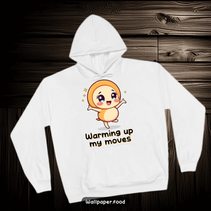 Funny caramel swirl character in a dynamic dance pose, enveloped in sparkling magic, featured on a cozy hoodie for a humorous and cheerful look.