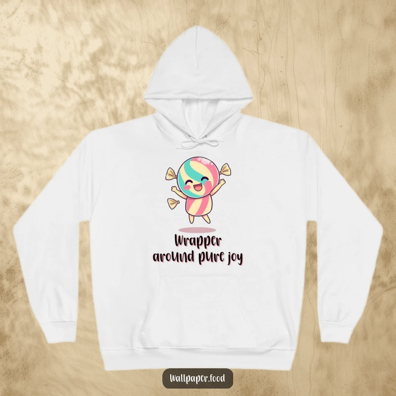 Funny hoodie featuring a dancing candy character inside its wrapper, shimmering with excitement, offering cozy comfort and sweet vibes.