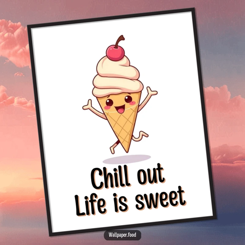 Funny free printable wall art of a hopping ice cream cone with a cherry on top bouncing. Sweet decor.