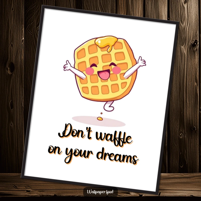 Funny Free Printable Wall Art: an energetic waffle character with dripping syrup triumphantly attempting a cartwheel.