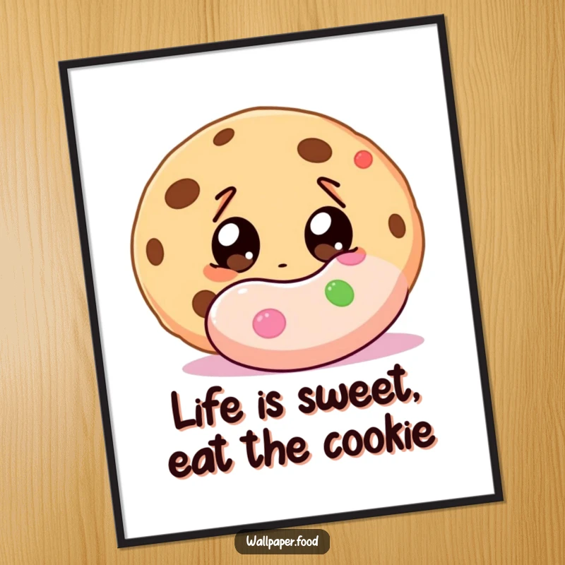 Funny Free Printable Wall Art: A cookie character with comically wide eyes mesmerized by an oversized candy.