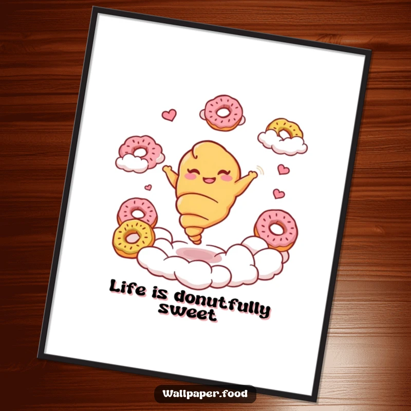 Funny Free Printable Croissant Wall Art: A giggling croissant does a graceful twirl amongst fluffy donut clouds, creating sweet art.
