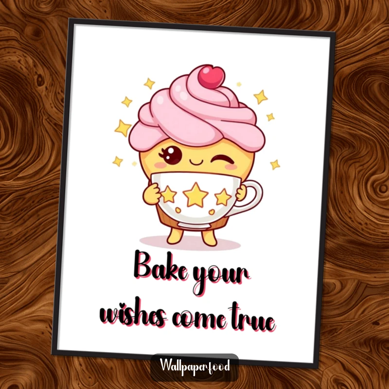 Funny Free Printable Cupcake Wall Art: A winking cupcake character offers a teacup crafted from stars, adding whimsical decor.