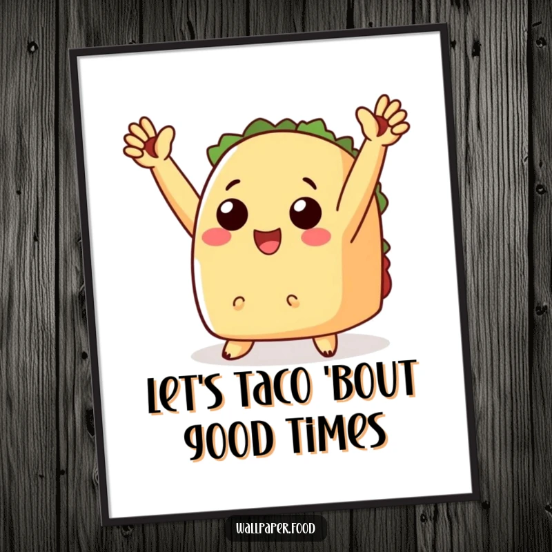 Funny free printable wall art of a cheering taco with tiny arms raised in triumph, ideal for kitchen decor.