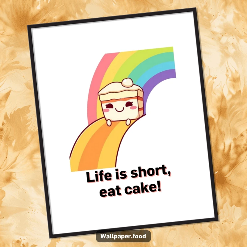 Funny Free Printable Wall Art: A grinned cake enjoys a rainbow ride, bringing whimsical, humorous vibes to your walls.