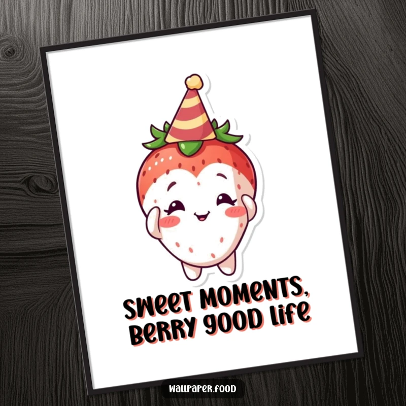 Funny Free Printable Wall Art: Curious strawberry character smartly adjusts a tiny party hat, exuding playful charm.
