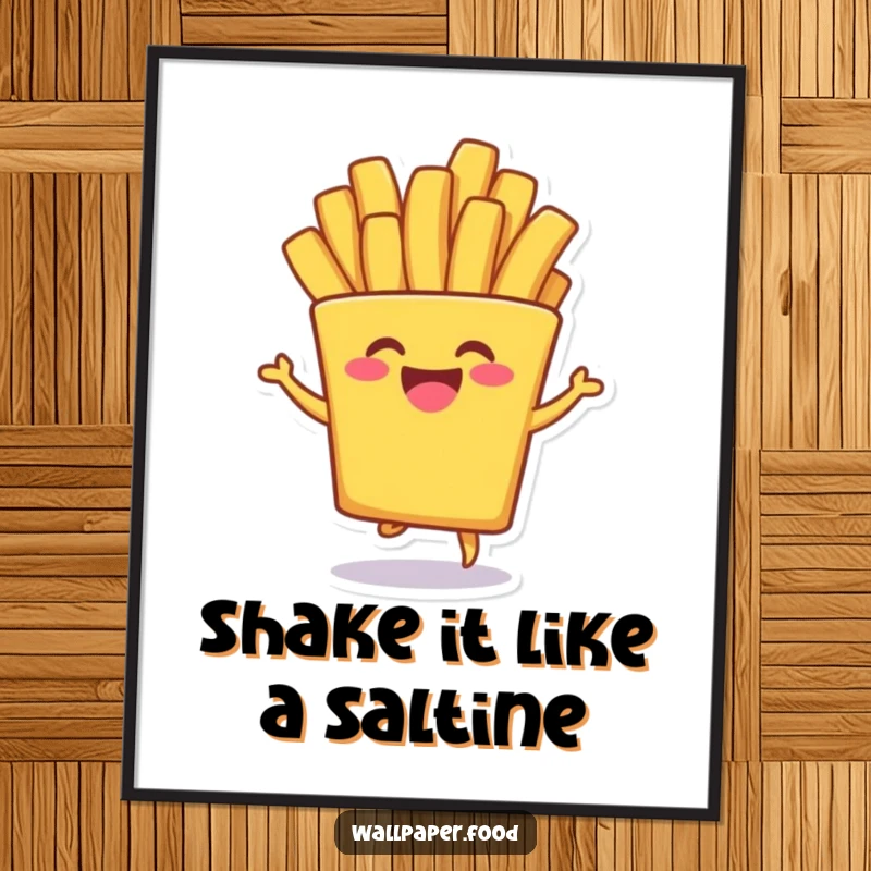 Funny free printable wall art of a french fry character in mid-shimmy, giggling with infectious energy. A fun, downloadable piece.
