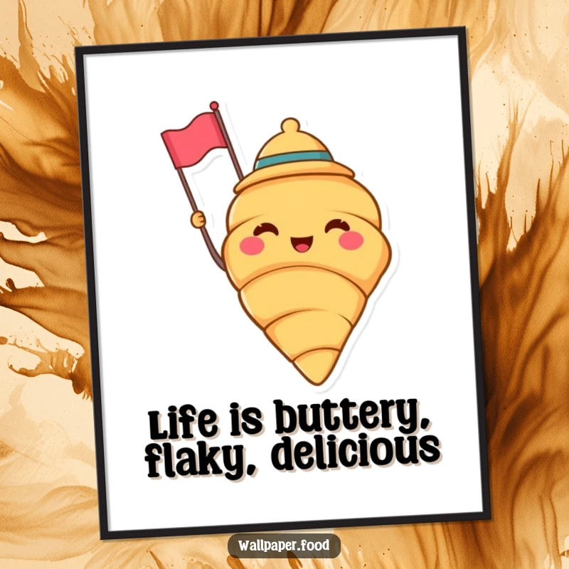Funny Free Printable Wall Art: A cheerful croissant in a jaunty hat, enthusiastically waving a tiny flag.