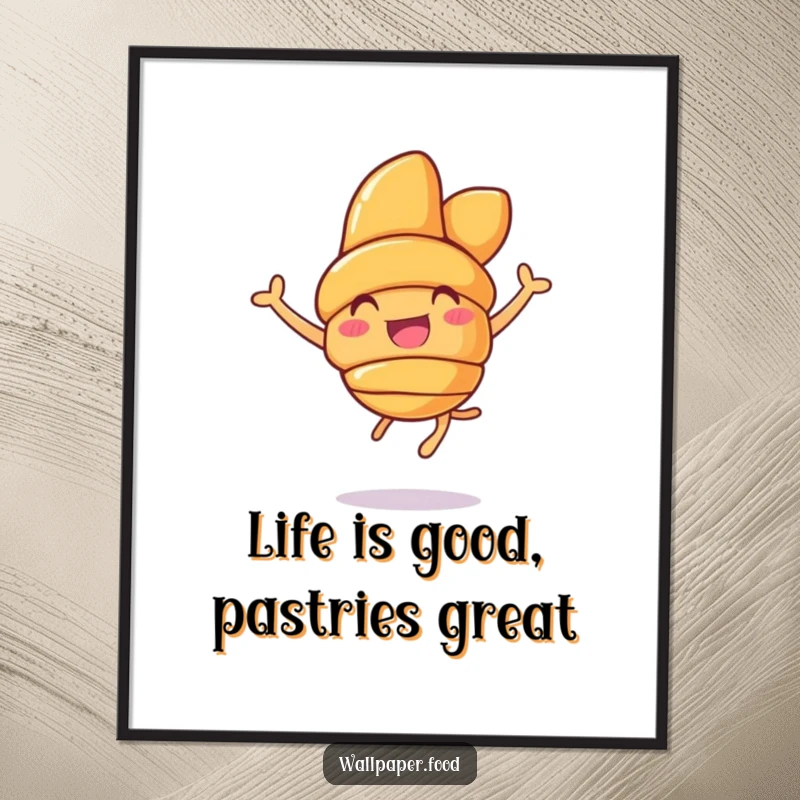 Funny Free Printable wall art of a happy croissant character performing an energetic leap, bringing joy and humor to the space.