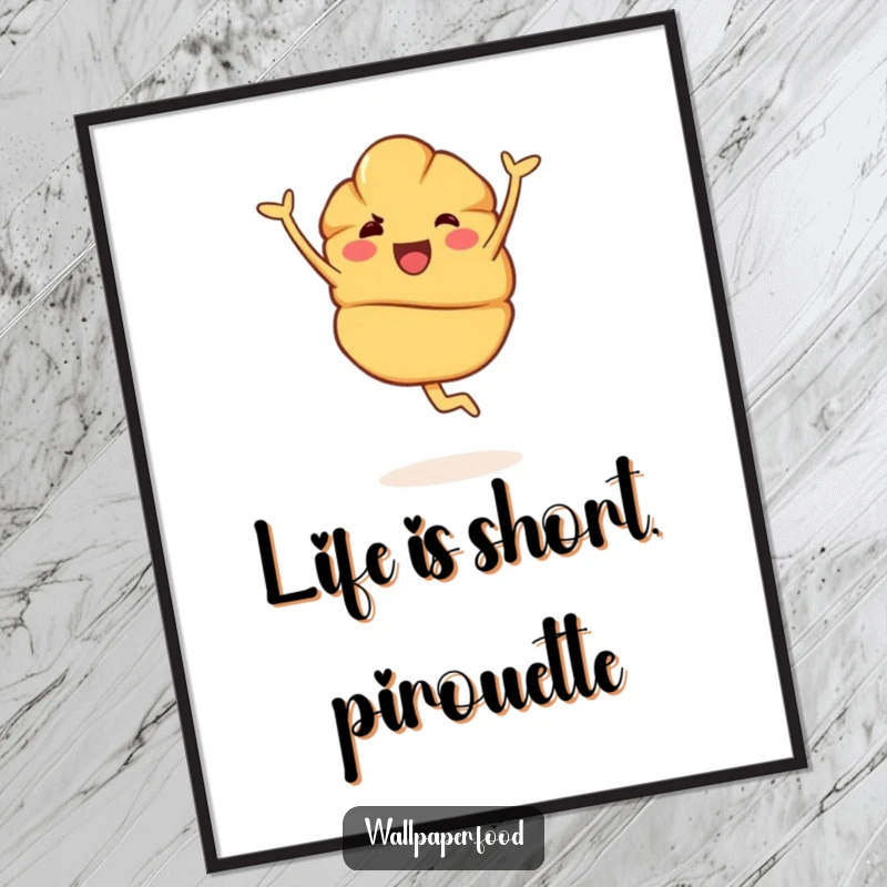 Funny free printable wall art of a joyful croissant character executing a graceful pirouette. A charming, downloadable piece for art lovers.