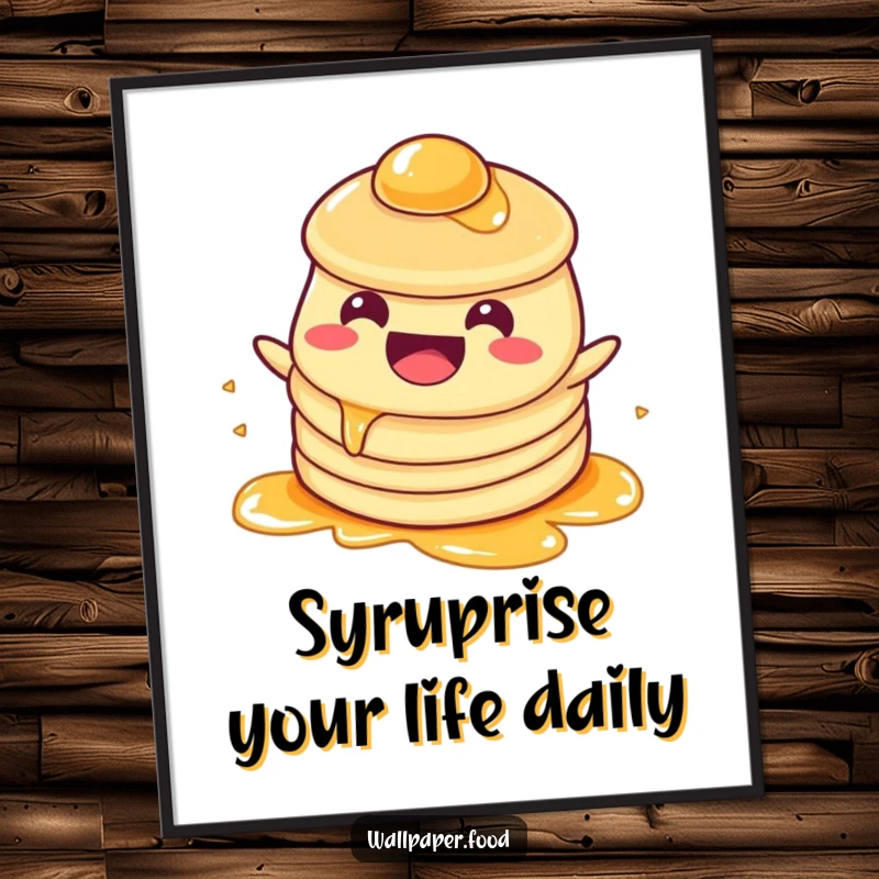 Funny free printable wall art of a beaming pancake character happily swimming and splashing in a generous amount of golden syrup. A delightful piece.