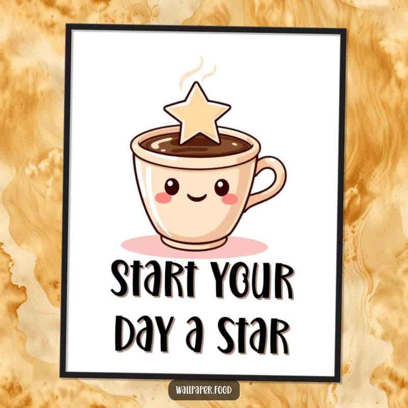 Funny Free Printable Wall Art: A coffee cup character cheerfully emanates steam artfully formed into a shining star.