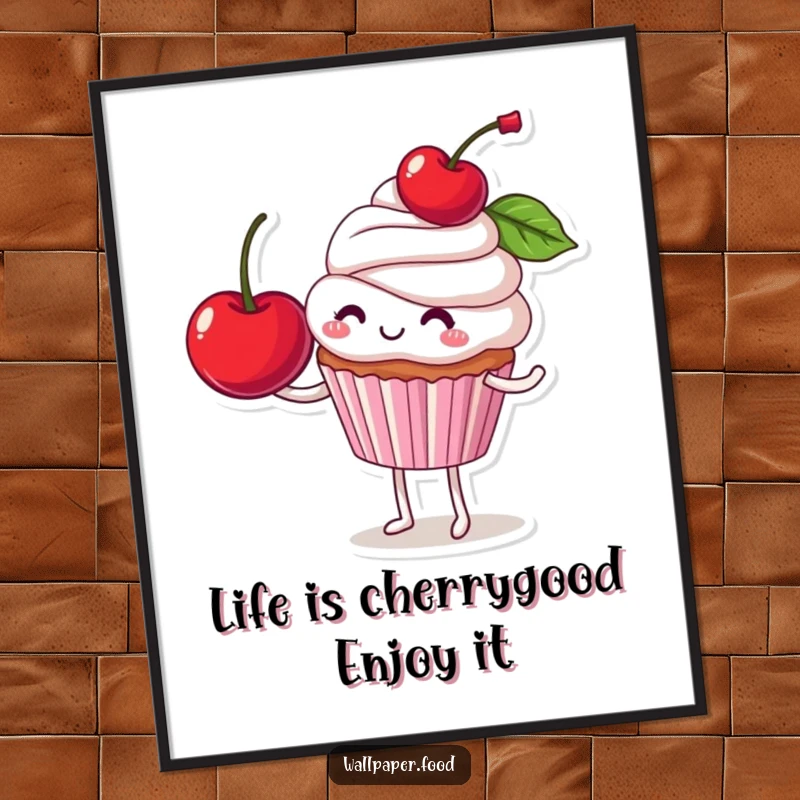 Funny Free Printable Wall Art: A smiling cupcake character expertly balances a comically large cherry on top.