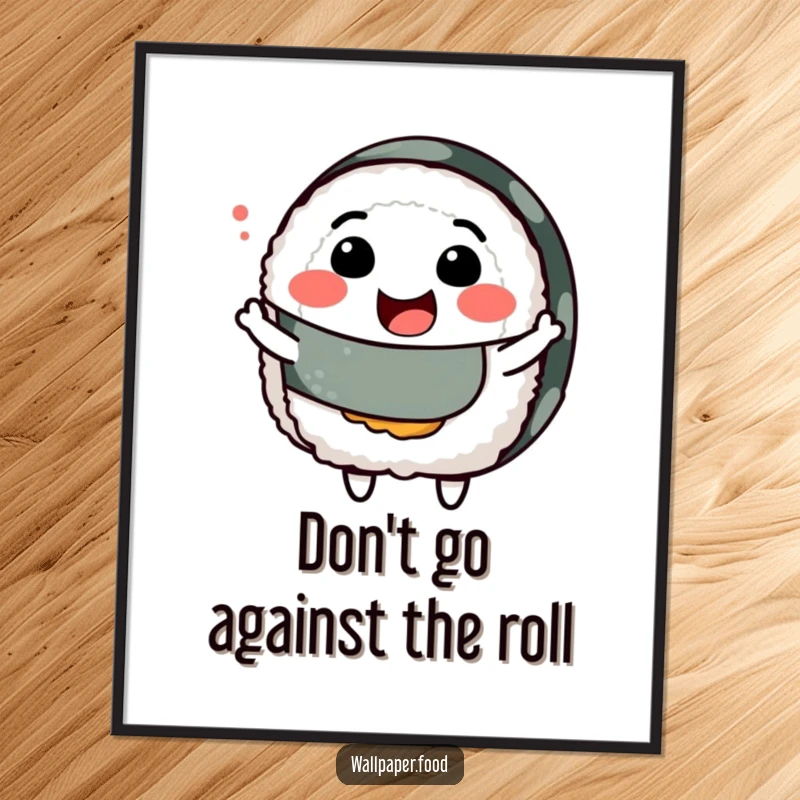 Funny Free Printable Wall Art: A smiling sushi roll character joyfully wiggles its body, bringing playful vibes.