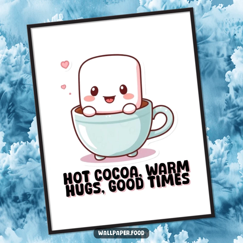 Funny Free Printable Wall Art of a bouncing marshmallow character happily sitting in a cocoa cup, radiating cozy vibes.