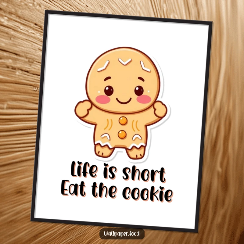 Funny free printable wall art of a happy gingerbread cookie character giving a friendly wave, perfect for kitchen decor.