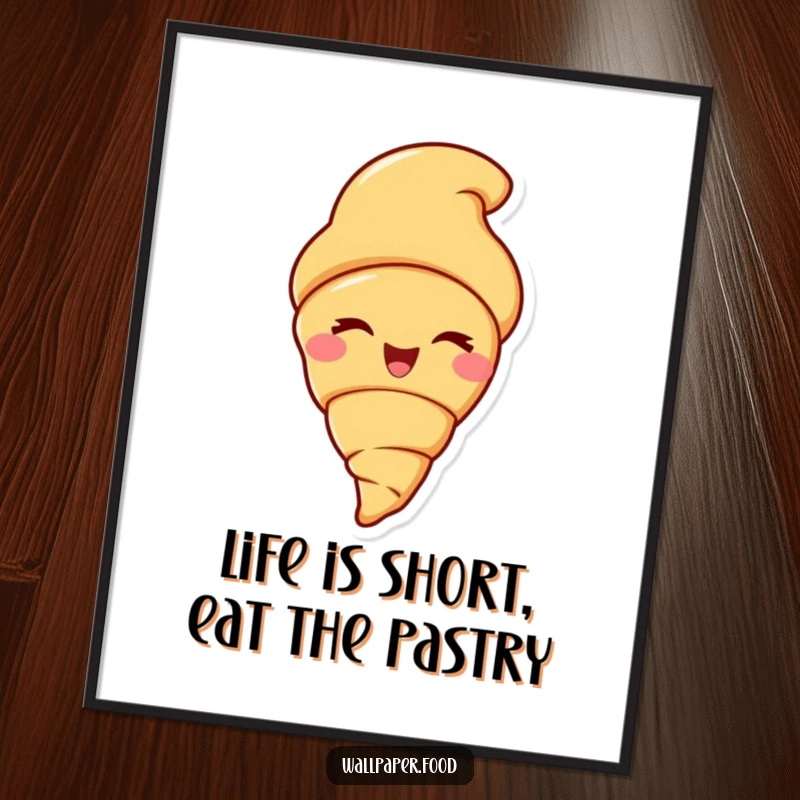 Funny Free Printable Wall Art depicting a croissant character with a delighted grin, giving a dramatic, extravagant wink.