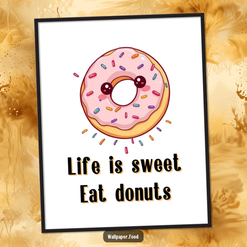 Funny free printable wall art of a happy spinning donut showering sprinkles, perfect for kitchens or cafes.