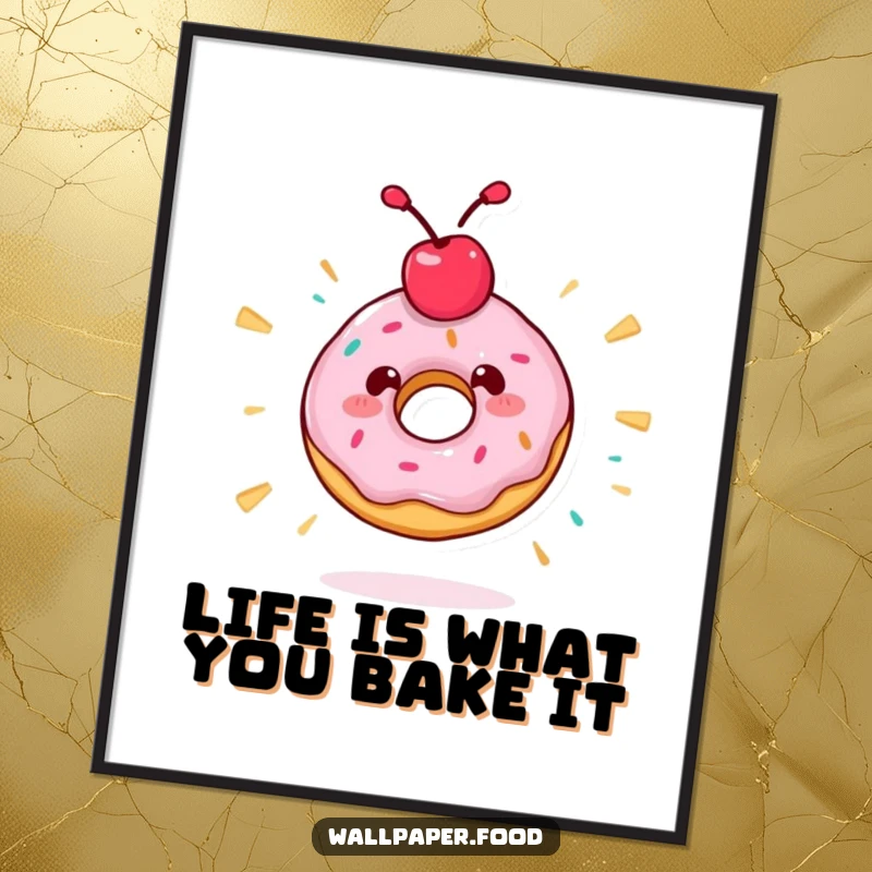 Funny Free Printable Wall Art depicting a donut character with a cherry topping spinning wildly, full of energy.