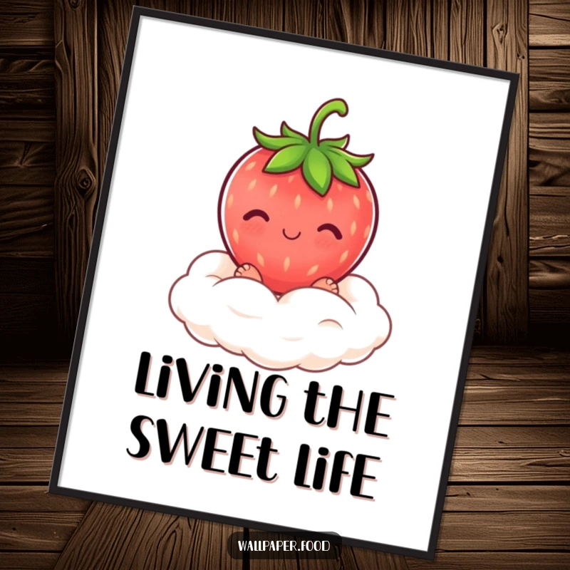 Funny Free Printable Wall Art: A blushing strawberry character sitting peacefully on a fluffy cloud of cream.