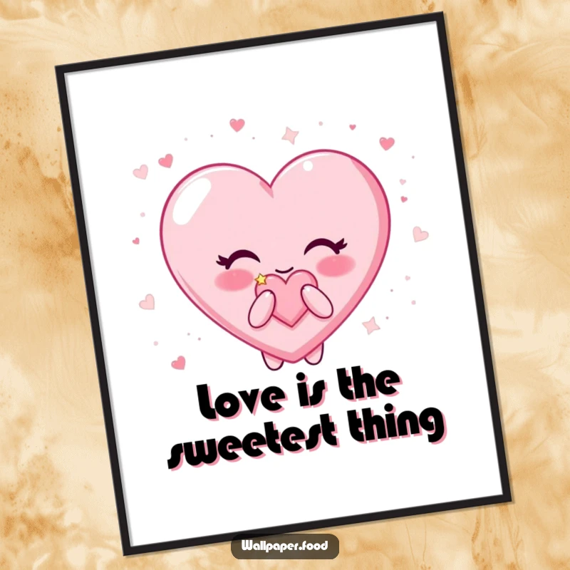 Funny Free Printable Wall Art of a candy heart character happily blowing a kiss surrounded by shimmering glitter.