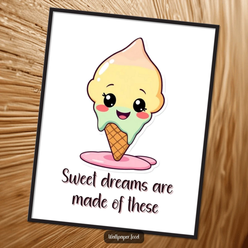 Funny Free Printable Wall Art of a happy ice cream cone character melting slightly, adding a cool and quirky vibe.