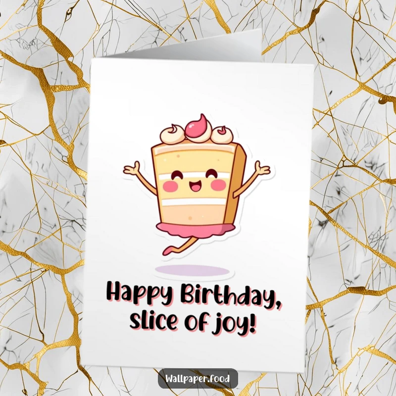 Funny Free Printable birthday card of a cheerful slice of cake character elegantly performing a tiny pirouette with frosting swirls.