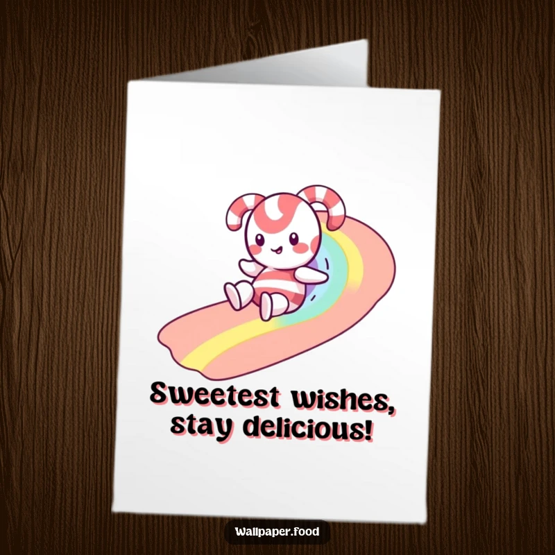 Funny Free Printable Birthday Card: Happy candy cane joyfully slides down a rainbow made of colorful sprinkles.