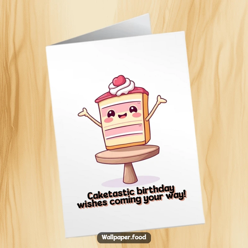 Funny Free Printable Birthday Card: A wobbly slice of cake attempting a dramatic ballet pose, ready to bring joy.