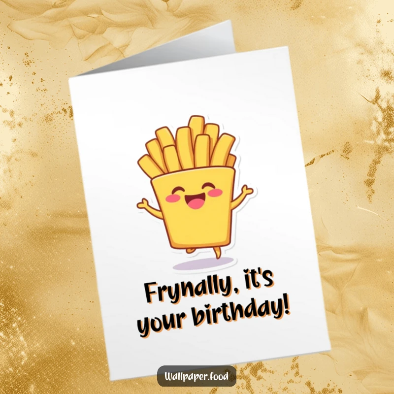 Funny free printable birthday card of a happy french fry character doing a silly shimmy dance with a giggle. A fun DIY greeting.