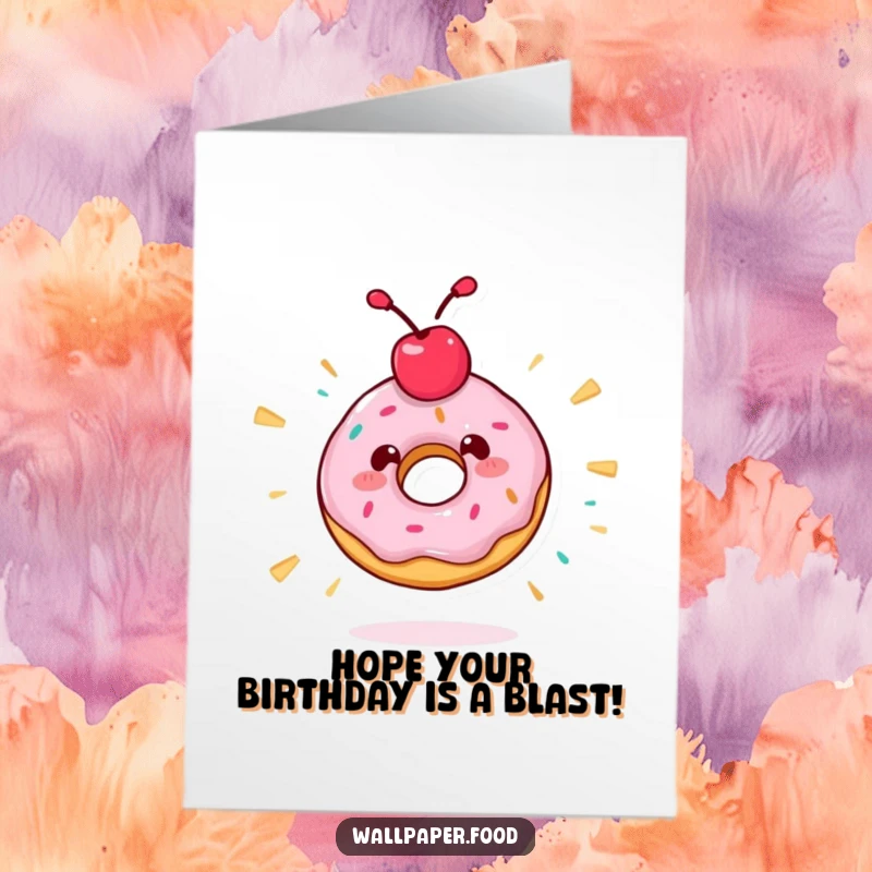 Funny Free Printable Birthday Card featuring a donut character with a cherry on top, spinning ecstatically.