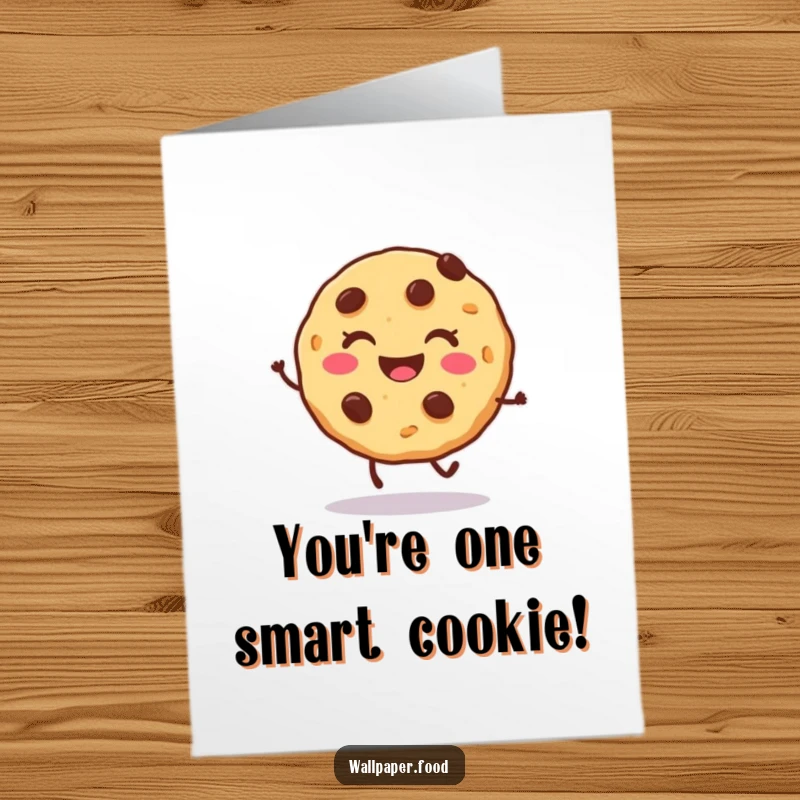 Funny Free Printable Birthday Card: A smiling cookie character with chocolate chips doing a joyful hop.