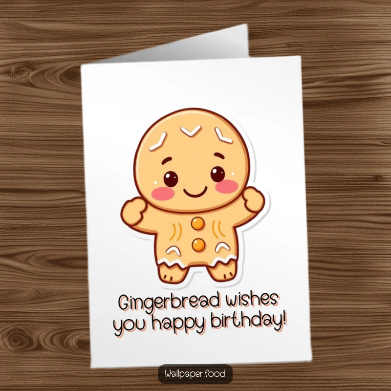 Funny free printable birthday card with a cheerful gingerbread cookie character waving a friendly greeting with a big smile.
