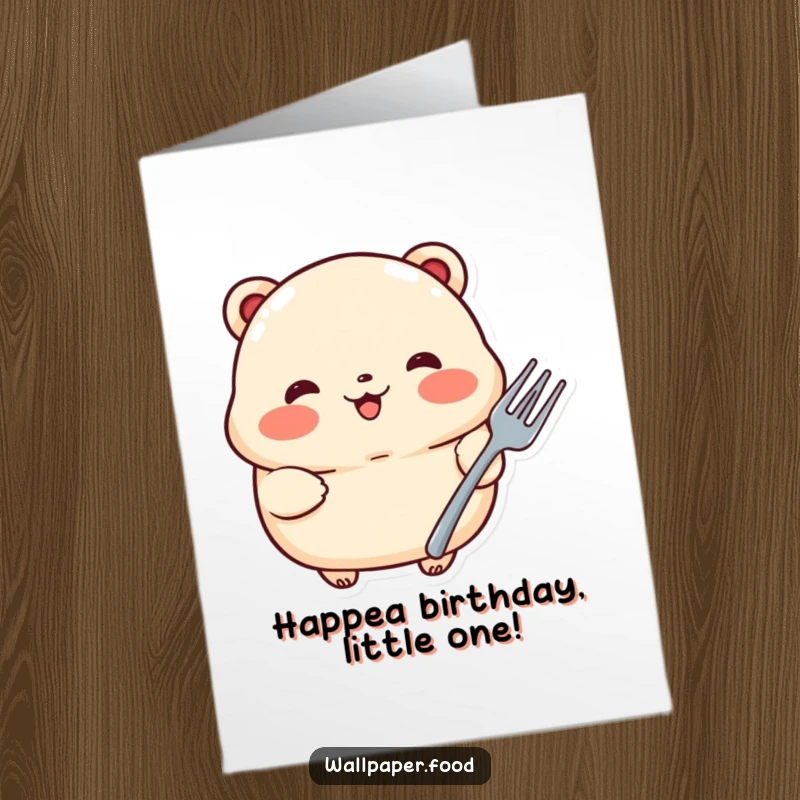Funny Free Printable Birthday Card: A proud dumpling with rosy cheeks holds a tiny fork, ready for birthday treats.